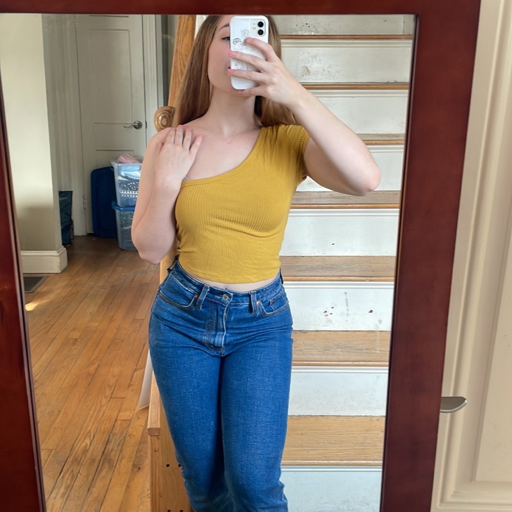 Emma & Sam Ribbed Mustard One-Shoulder Top - Picture 3 of 5